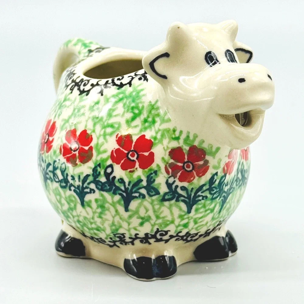 Ceramika Artystyczna Cow Creamer Red Flower Floral Polish Pottery